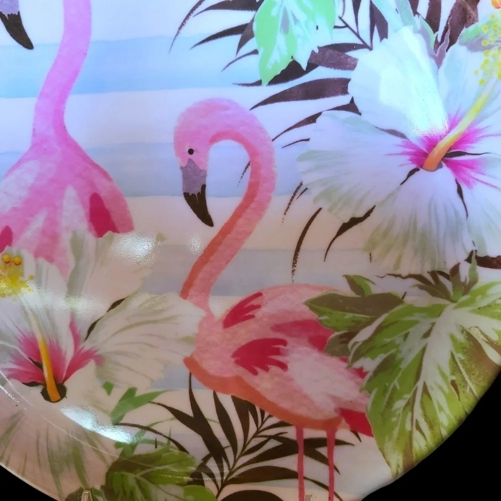 6pc Tropical Pink Flamingo Palm Hibiscus Flower Melamine Dinner Plate Set New